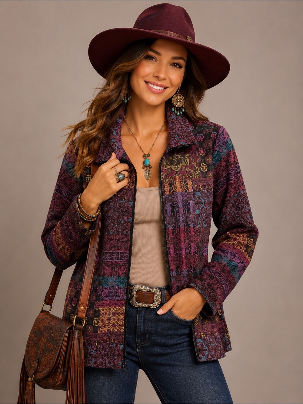 Bedford Fair Women’s Zip Front Jacket Purple Multicolor Tapestry Print Size M